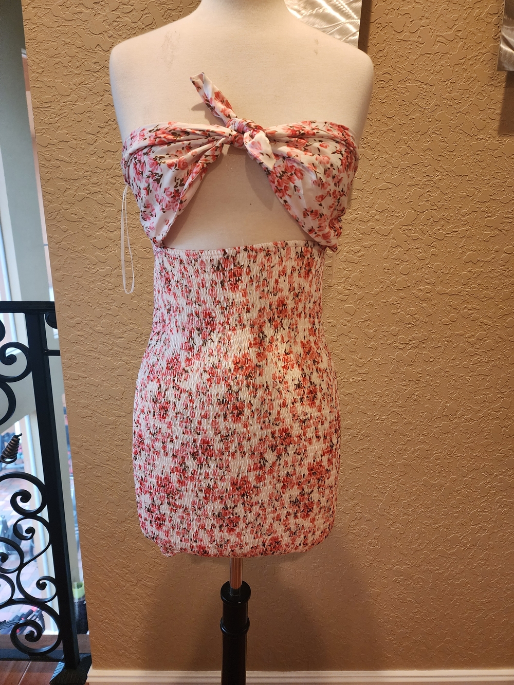 Floral Tie-Front Smocked Mini Dress in White & Pink